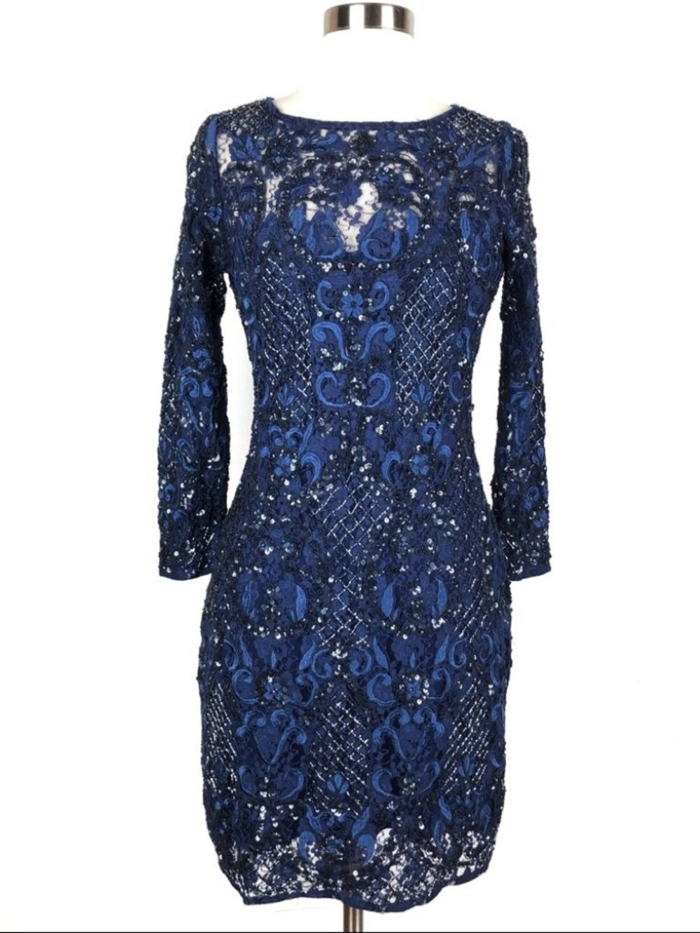 NWOT AIDAN MATTOX cocktail dress blue lace sequin beads 10